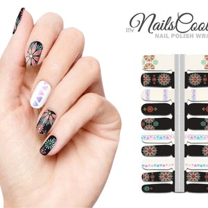 May include: Nail polish wraps with a floral design in shades of pink, green, and white. The wraps are on a black and white background with the text "my NailsCool NAIL POLISH WRAPS".