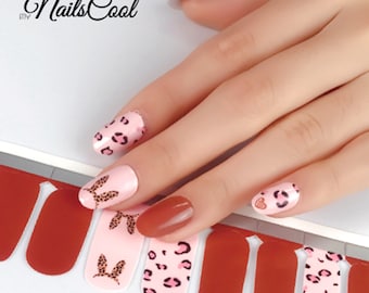 Brown & Pink Color Leopard Real nail Polish Strips Nail art Wraps Street Art 20 Strips