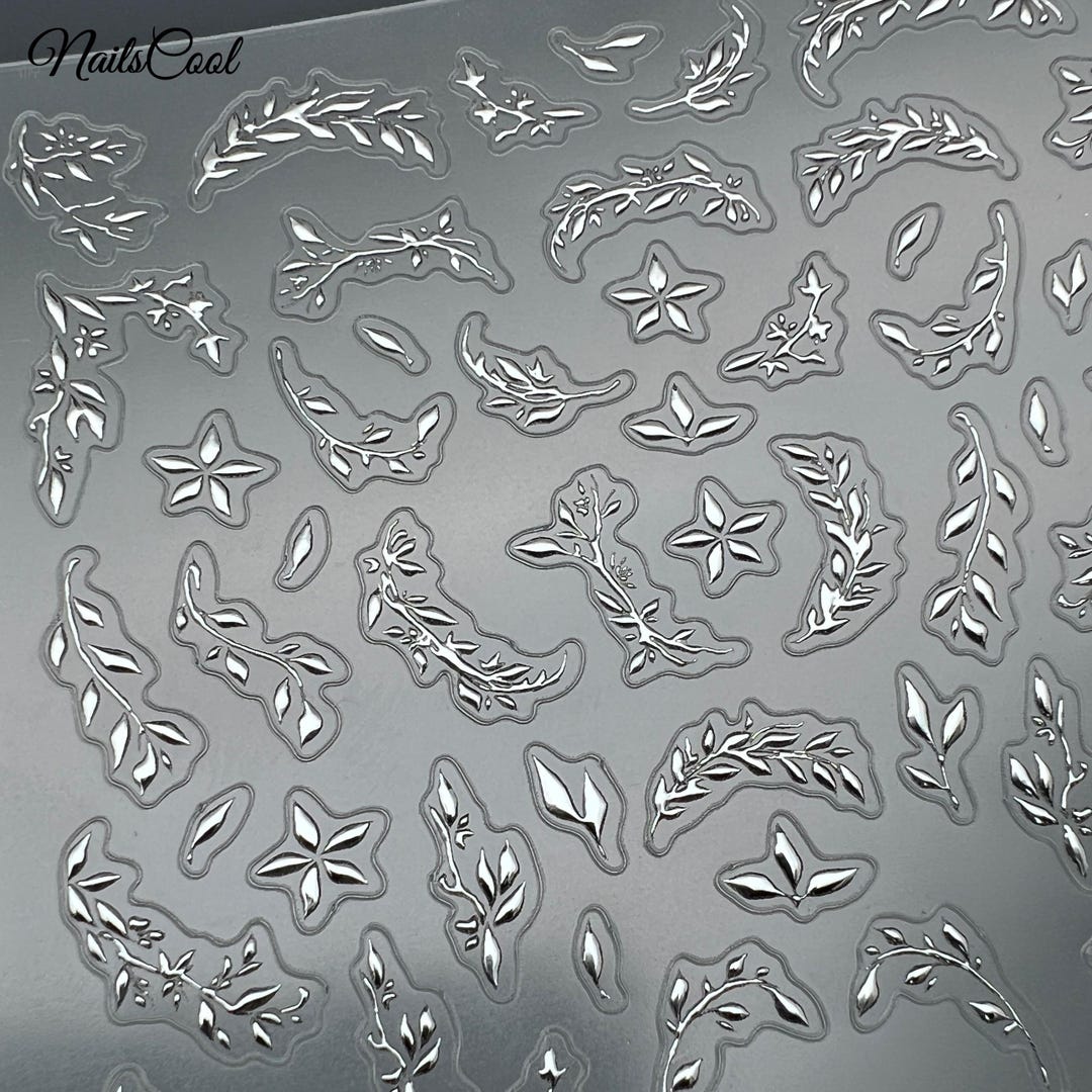 Silver Flower Sticker Floral Nail Stickers Silver Metallic Leaf 3D DIY Stickers 5D Nail ...