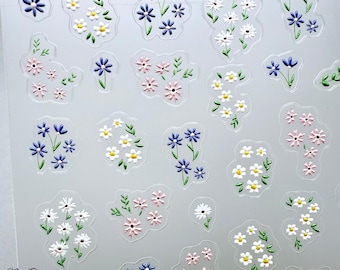 Pegatinas de margaritas 3D para uñas, estilo bordado, rosas, azules y blancas, para primavera y verano, diseño de uñas pastel DIY.