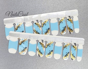 French Style Nail Wraps Light Blue Color Real nail Polish Strips Street Art Gold Foil Leaf Design 18 Strips