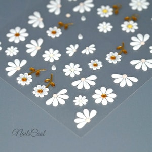 Pegatinas de flores para uñas, pegatinas de gelatina de flores blancas en 3D para hacer tú mismo, calcomanías de hojas doradas en 5D para uñas, arte de uñas