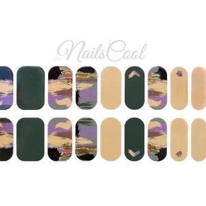 May include: Set of 10 nail wraps with abstract designs in shades of purple, brown, gold, and green. The designs feature brushstrokes and geometric shapes.