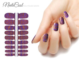 Nail Wraps Nail Sticker Purple Color Rose Gold Glitter Zebra Pattern Real nail Polish Strips Street Art 18 Strips