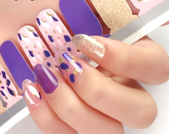 Purple & Pink Color Gold Glitter 3D Fragments Design Real nail Polish Strips Nail art Wraps Street Art 20 Strips