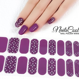Purple GlitterColor Real nail Polish Strips Nail art Wraps Street Art White Triangle Flower 20 Strips