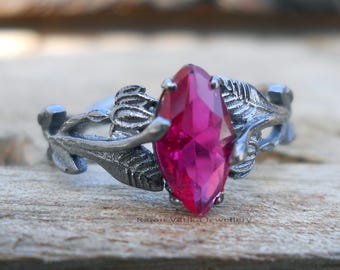 Ruby Ring, 925 Sterling Silver Ring, Handmade Ring, Wedding Ring, Birthday Ring, Gift For Her Leaf Branch Floral Ring, Silver Leaves Ring