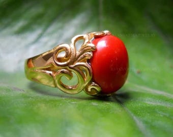 Natural Coral Ring, 18k Gold Plated, 925 Sterling Silver Ring, Anniversary Gift For Her, Solitaire Ring, Gemstone Ring, Wedding Ring