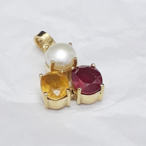 Natural Yellow Sapphire Pendant-Natural Pearl Pendant-Natural Ruby Pendant-Three Stone Pendant-Sapphire Pearl Ruby Astrological Pendant