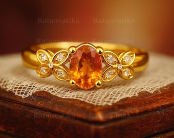 Anillo de zafiro Padparadscha / Anillo de zafiro rosa melocotón anaranjado / Anillo floral de talla ovalada / Anillo de compromiso único / Regalo de joyería hecha a mano para ella