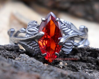 Marquise Red Ruby Ring 925 Sterling Silver or Gold, Nature Inspired Leaf Ring, Handmade July Birthstone Jewelry, Gift for Her, Gemstone Ring
