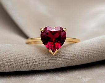 Anillo Corazón de Rubí / Anillo de Plata de Ley 925 / Joyería Corazón de Rubí Rojo / Regalo Romántico para Ella / Delicado Anillo con Gema / Anillo Hecho a Mano