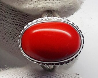 Anello di corallo fatto a mano: pietra preziosa rossa ovale, argento sterling 925