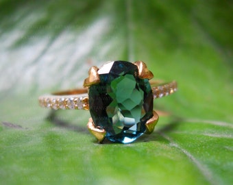Teal Sapphire Ring Gold 925 Sterling Silver | Blue Green Gemstone Ring | Unique Engagement Ring | Dainty Gift for Her Anniversary
