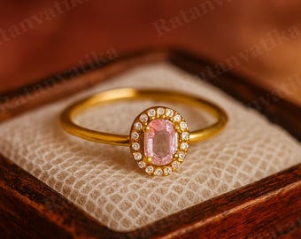 Pink Sapphire Ring, Halo Oval Pink Gemstone Ring, Minimal pink Gemstone Halo Ring, Delicate Handmade Jewelry, Gift for Her