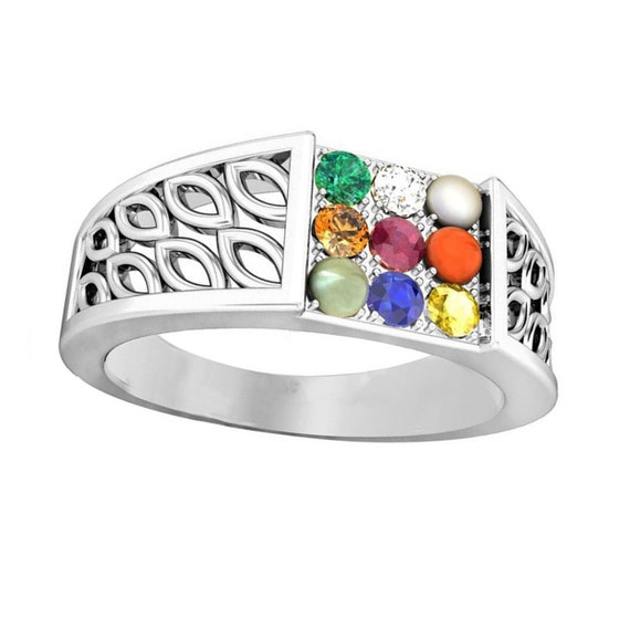 Large Navagraha Gemstone Ring Made in Sterling Silver | Exotic India Art