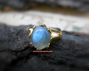Oval Labradorite Ring: 14k Gold Plated Sterling Silver, Blue Fire Gemstone