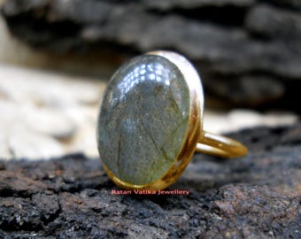 Natural Labradorite Ring, 18k Gold Plated 925 Sterling Silver, Oval Blue Gemstone, Women Ring