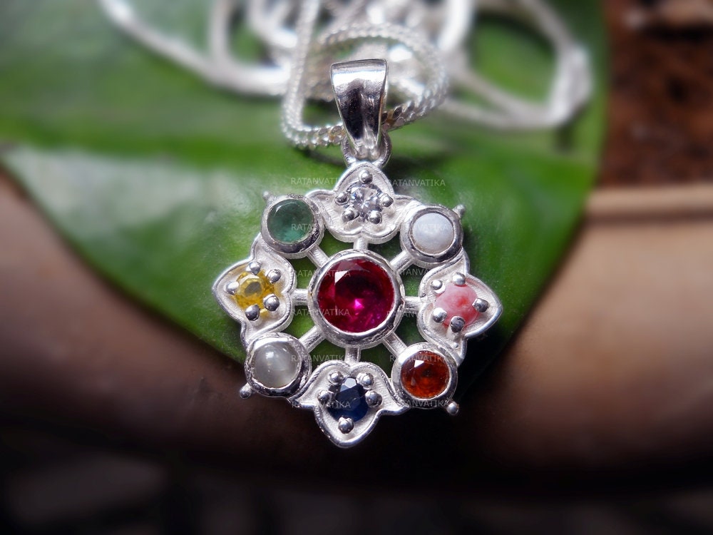 Natural Navratna gems Pendant Nine Stone Pendant Necklace/Nine Stone Astrological Birthstone For Unisex 925 Sterling Silver Gift Pendant