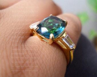 Teal Sapphire Ring: 18k Gold Plated Sterling Silver, Cushion Cut