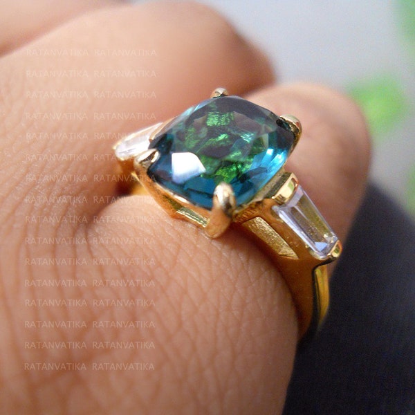 Blaugrüner Saphir Ring: 18k vergoldetes Sterling Silber, Kissenschliff