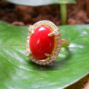 Natural Coral Ring- Ring for Woman-Oval Red Coral Handmade 925 Silver Wedding Anniversary Christmas Gift for Her-Mother&#39;s Day Gifts