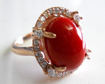 Natural Red Coral Ring- Ring for Woman-Oval Red Coral Handmade 925 Silver Wedding Anniversary Christmas Gift for Her-Mother's Day Gifts