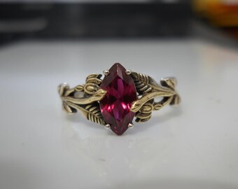 Marquise Red Ruby Ring 925 Sterling Silver or Gold – Nature Inspired Leaf Design Ring, Handmade July Birthstone Gift for Her
