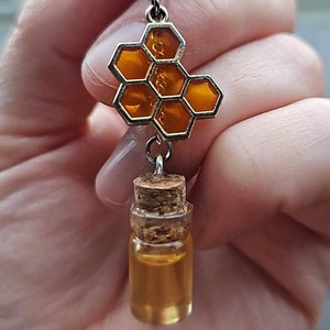 Honey Bottle Earrings: Real Honey, Hexagon Charm, Bee Lover Gift