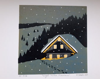 Night in the Mountains, an original limited edition hand-printed reduction linocut.