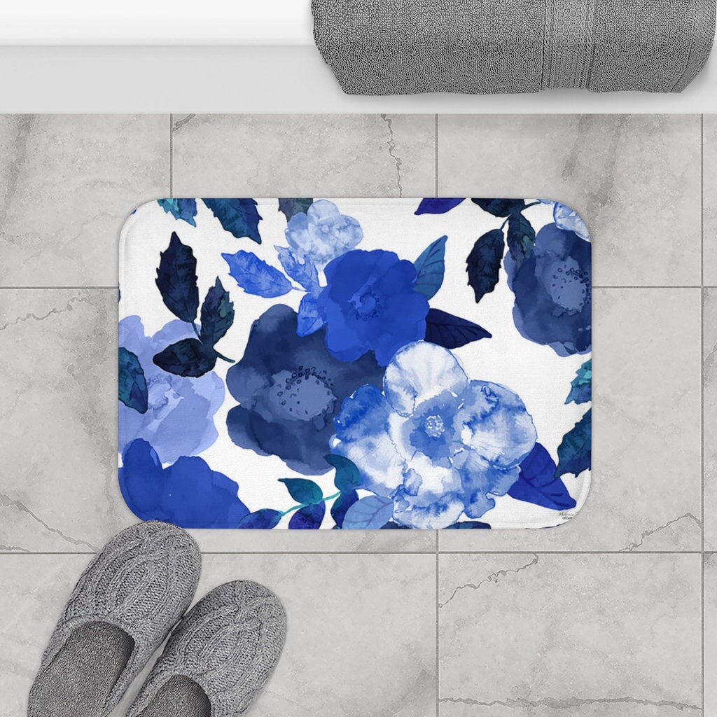 Flower Bath Mat blue bath mat bath rug floral bath mat Etsy