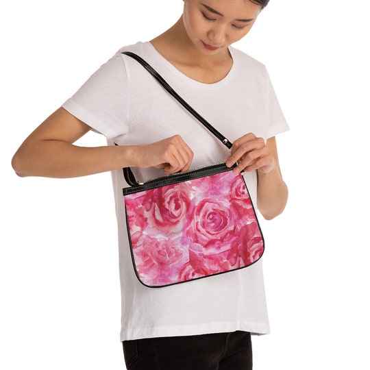 Disover Pink Rose Flower Small Shoulder Bag, custom bag, purse, custom purse, handbag