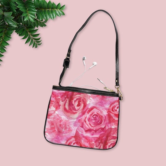 Disover Pink Rose Flower Small Shoulder Bag, custom bag, purse, custom purse, handbag