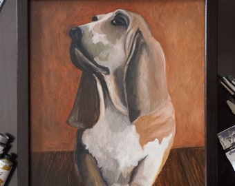 Portrait basset hound dog, original oil painting canvas panel 16x12 inch