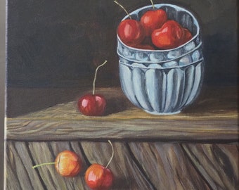 Still life with cherries oil painting, canvas 12x12 inch original art