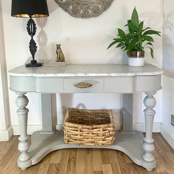 NOW SOLD!....Antique Victorian Demi-lune white marble top washstand/console table painted in grey