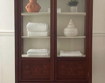 Edwardian Mahogany Display Cabinet | Antique Linen Cabinet | Marquetry Inlay | Glass Front & Side Panels | Refinished Interior