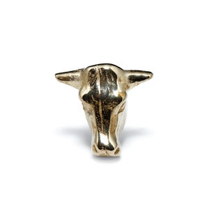 Op de afbeelding: Een gouden metalen beeldje van een stierenkop. De stierenkop is naar voren gericht met de hoorns die naar buiten wijzen. Het beeldje is gedetailleerd met een getextureerd oppervlak en een realistische weergave van de stierenkenmerken.