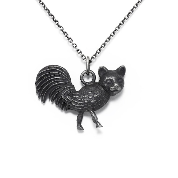 Pendentif chat coq vache en argent sterling - Collier animal en argent sterling oxydé - Pendentif chimère - Collier vegane -Pendentif animal