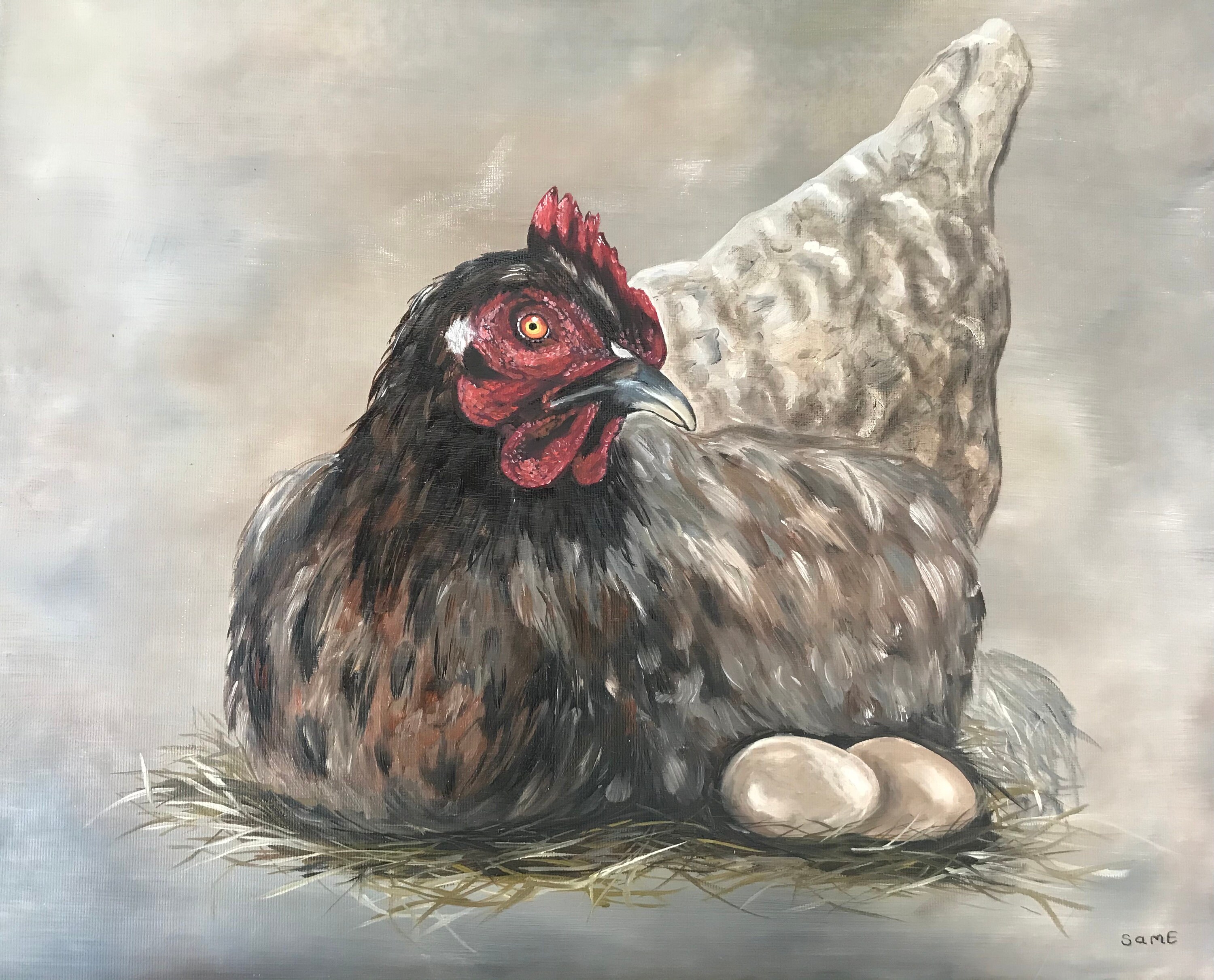 La Poule Pondeuse - Tableau Peinture sur Toile à L'huile Chicken Oil Painting On Canvas