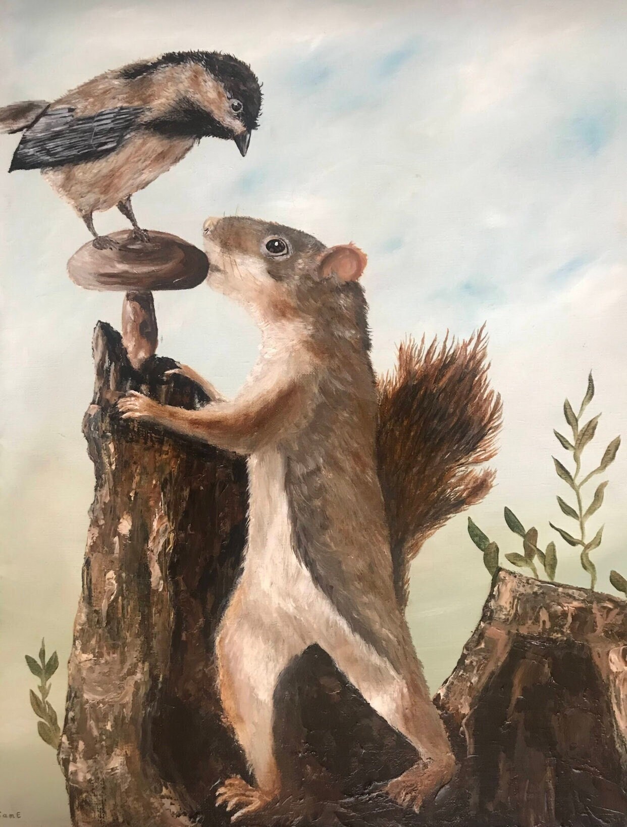 Toi ou Moi - Tableau Peinture Animaux sur Toile à L'huile Squirrel & Bird Oil Painting On Canvas