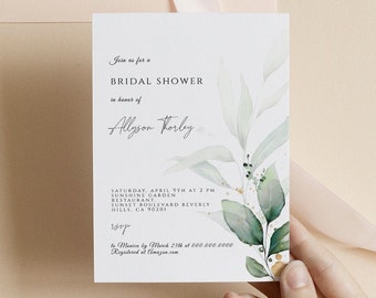 Watercolor Greenery Bridal Shower Invitation, Bridal Shower Invite Template, Instant Download DIY Printable Editable Card, Edit with CORJL