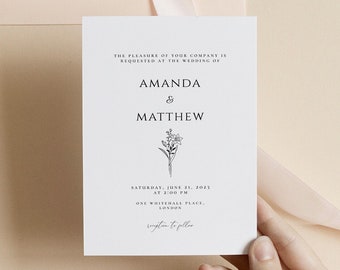 Simple Wedding Invite, Modern Minimalist Wedding Invitation, Printable Wedding Invites Template, Editable Invitation, Daffodil flower, CORJL