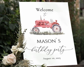 Baby Shower Welcome Sign, Editable Baby Boy Red Tractor Birthday Party Template, Welcome Lawn Poster, Printable Signage, CORJL