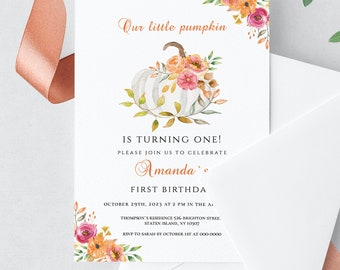Little Pumpkin Baby Shower Invitation, Fall Floral, Editable Template