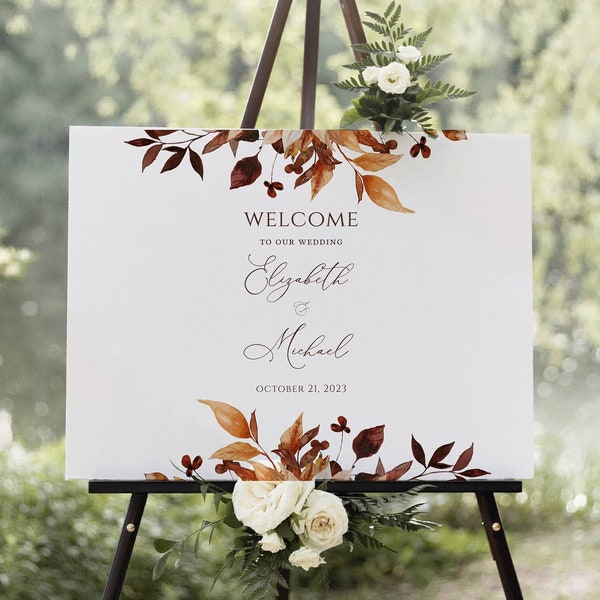 Fall Autumn Wedding Welcome Sign Template (20x16", 24x18", 30x20"), Golden leaves rustic large board, editable printable sign, CORJL