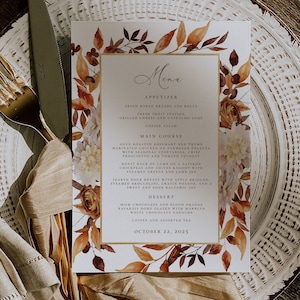 Modèle de carte de menu de mariage automne automne 5 x 7", Feuilles d'automne, menu nuptiale de douche, brunch, dîner, modèles modifiables imprimables, CORJL