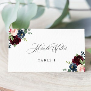 Plantilla de tarjeta de lugar de color burdeos, tarjeta de lugar para bodas imprimible, texto editable, caligrafía moderna plana y plegada, descarga instantánea, PL10