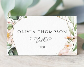 Greenery Wedding Place Card Template, Modern Floral, Editable (Digital Download)