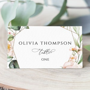 Plantilla para tarjeta de lugar con follaje verde, tarjeta de lugar para boda imprimible, texto editable, moderna, plana y plegada, descarga instantánea, PL31